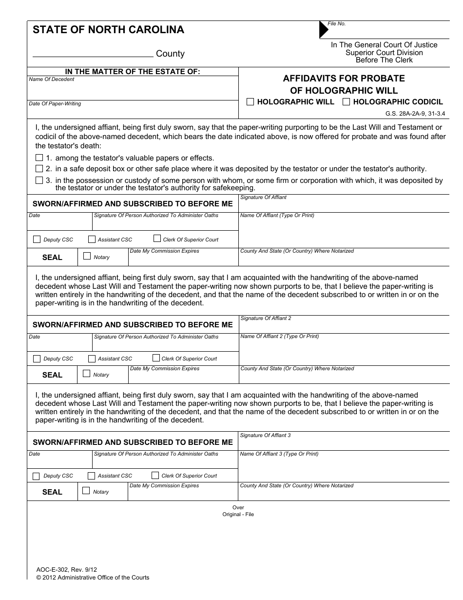 Form AOC-E-302 Affidavits for Probate of Holographic Will - North Carolina, Page 1