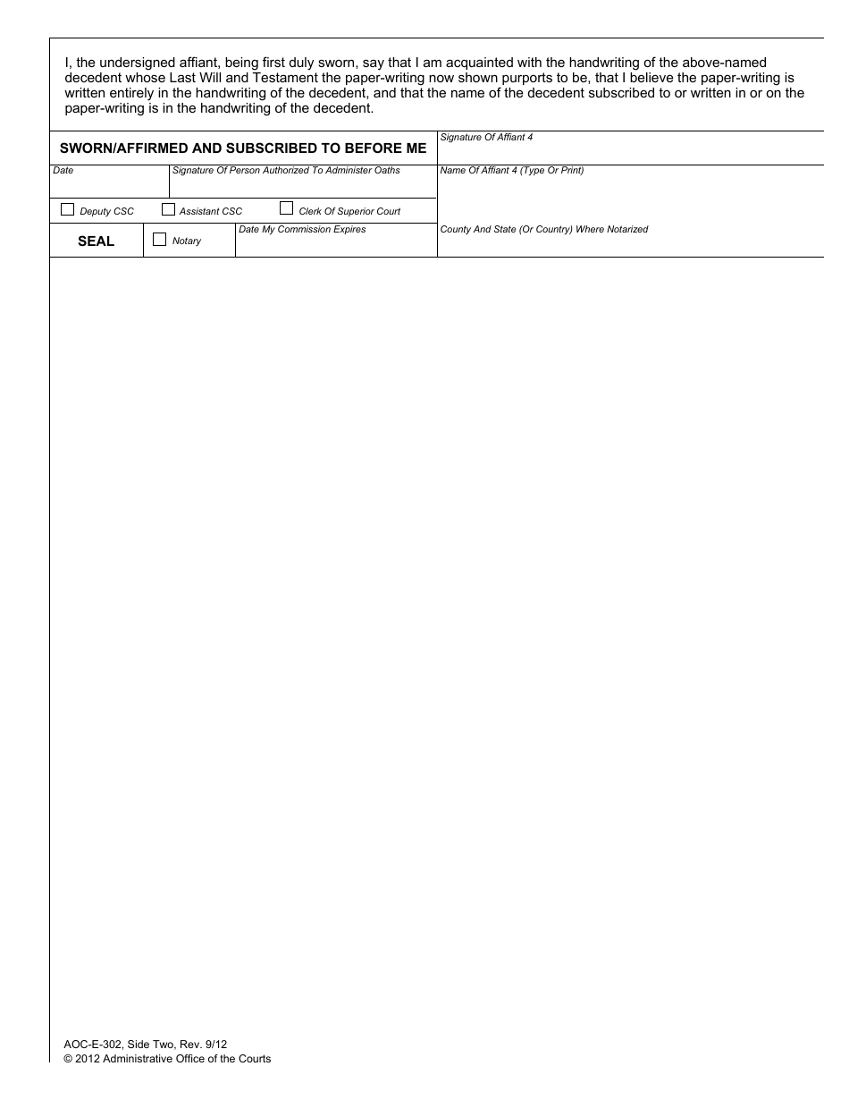Form AOC-E-302 Affidavits for Probate of Holographic Will - North Carolina, Page 2