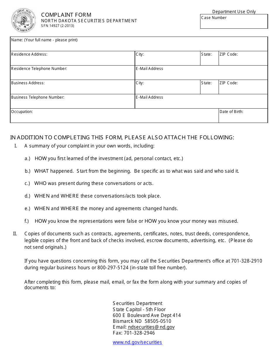 Form SFN14927 Complaint Form - North Dakota, Page 1