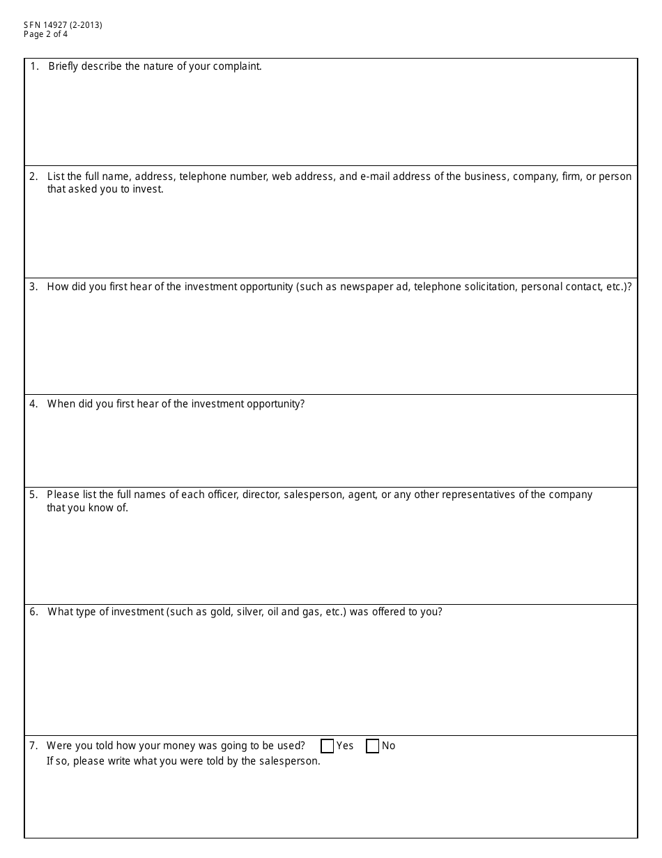 Form SFN14927 Complaint Form - North Dakota, Page 2