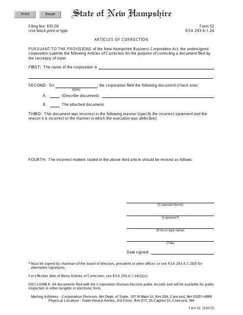 Form 52 Articles of Correction - New Hampshire