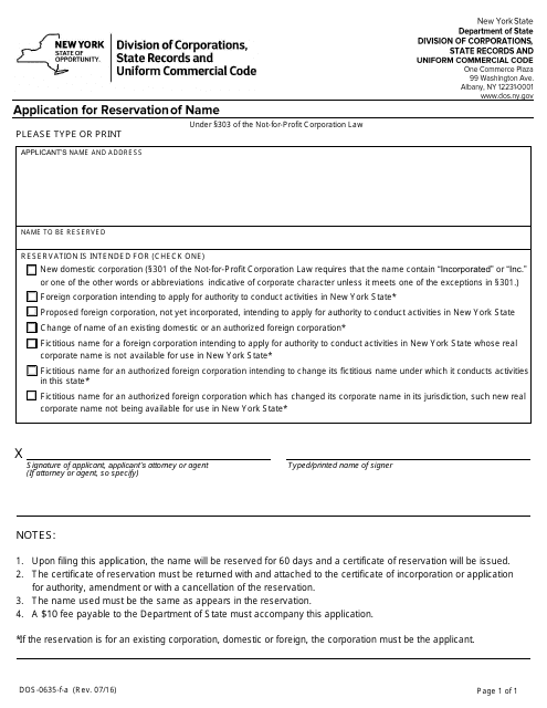 Form DOS-0635-F-A Application for Reservation of Name - New York