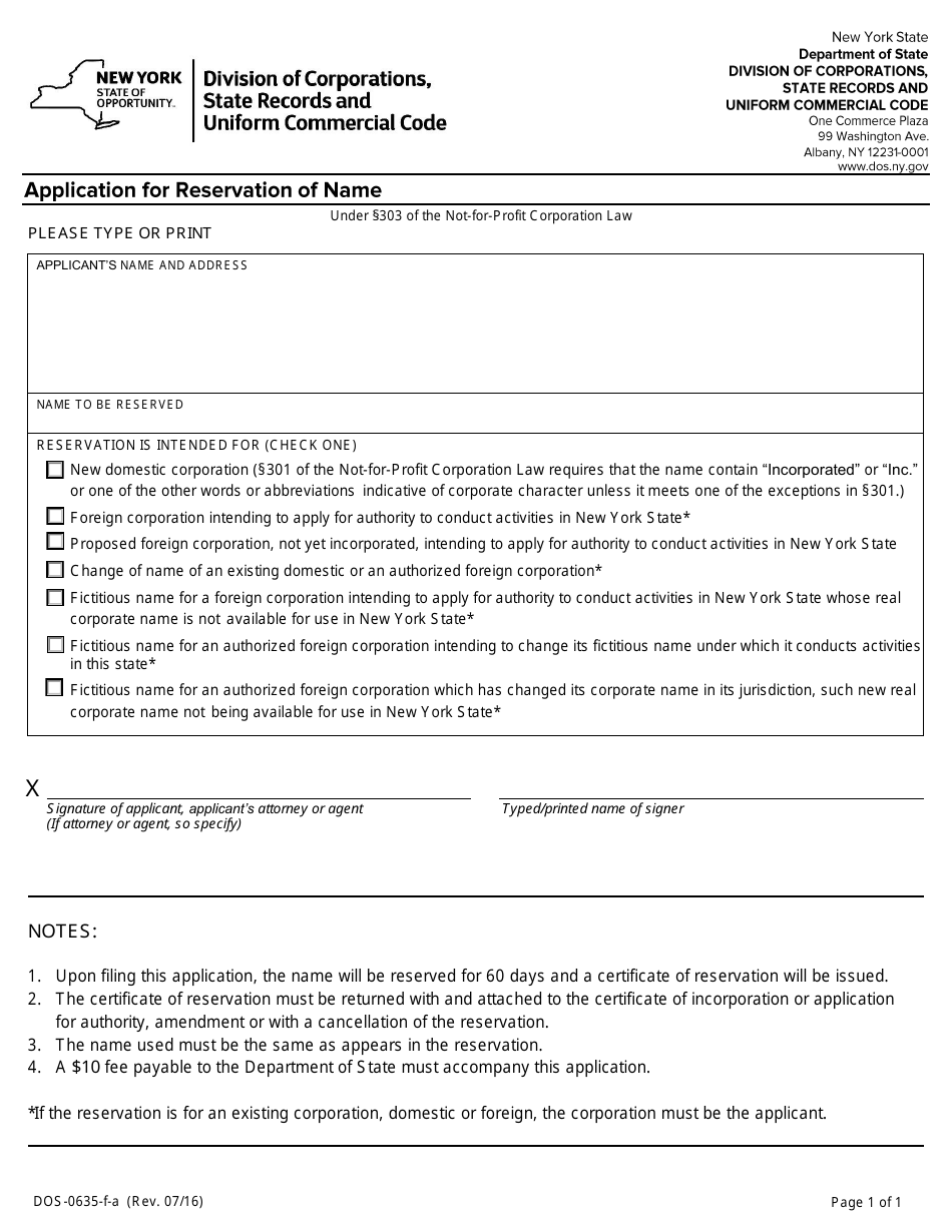 Form DOS-0635-F-A Application for Reservation of Name - New York, Page 1