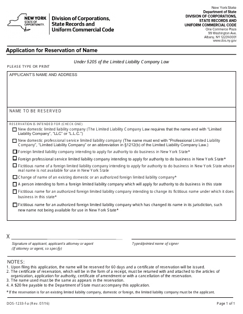 Form DOS-1233-F-A Application for Reservation of Name - New York