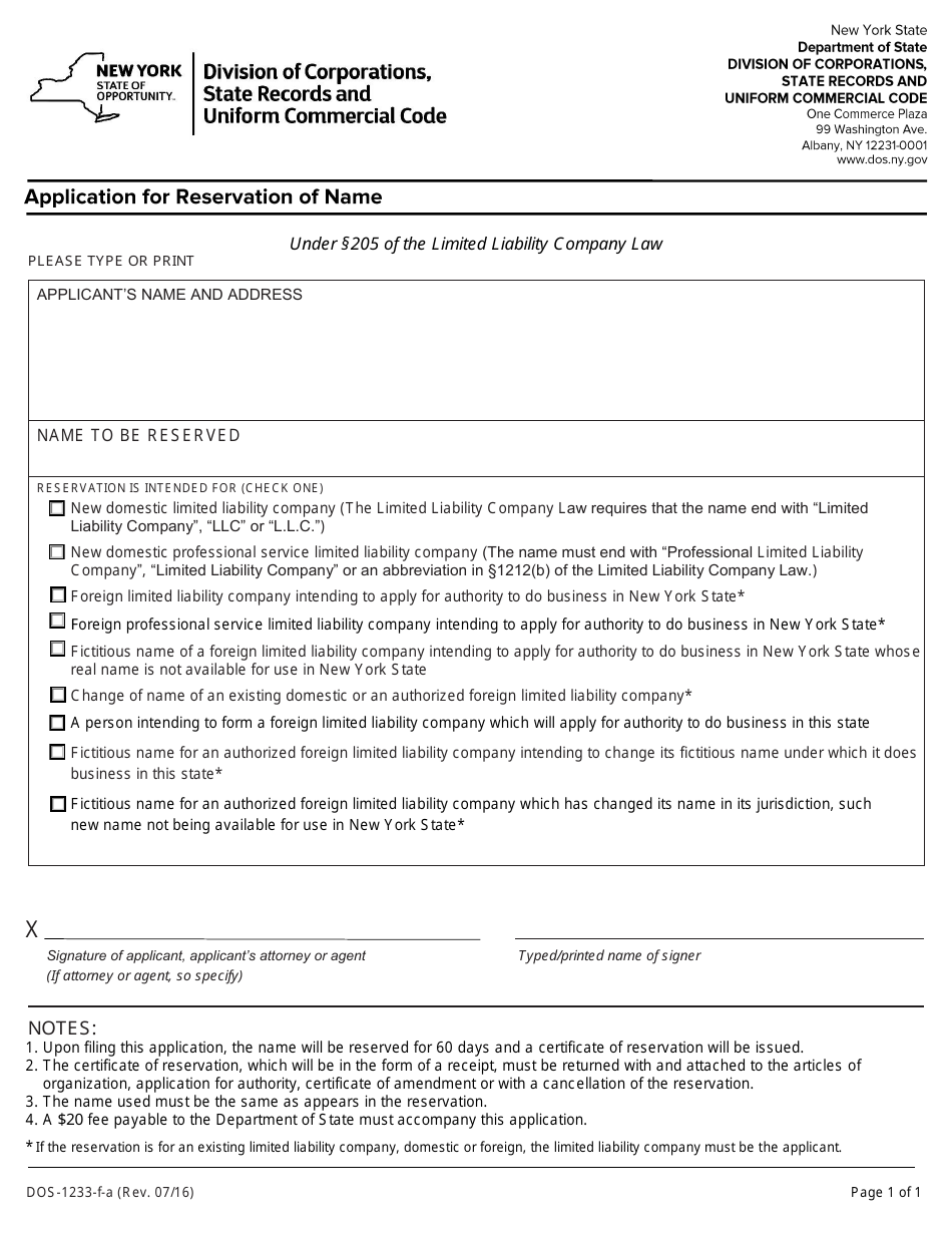 Form DOS-1233-F-A Application for Reservation of Name - New York, Page 1