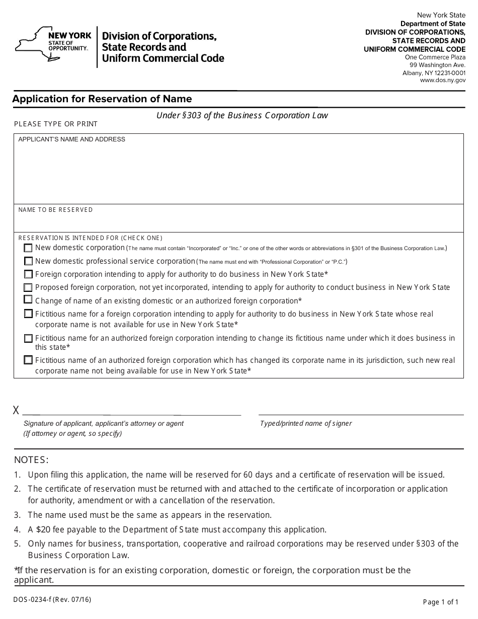 Form DOS-0234-F Application for Reservation of Name - New York, Page 1