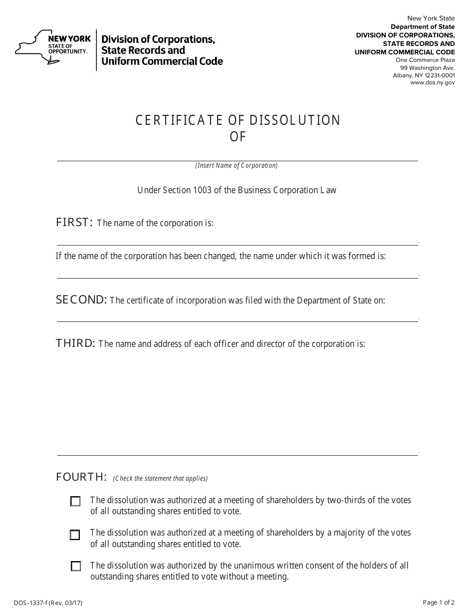 Form DOS-1337-F Certificate of Dissolution - New York, Page 1