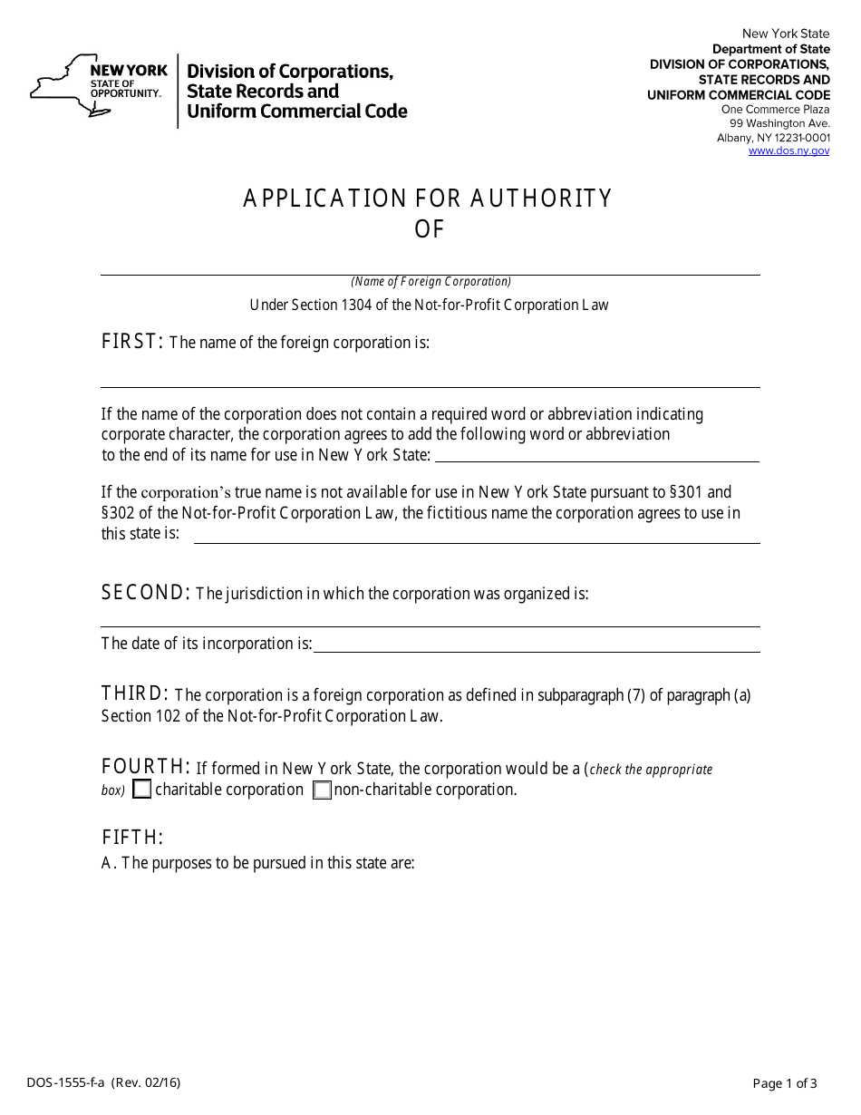 Form DOS-1555-F-A Application for Authority - New York, Page 1
