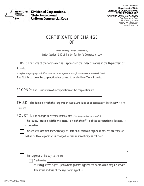 Form DOS-1558-F Certificate of Change - New York