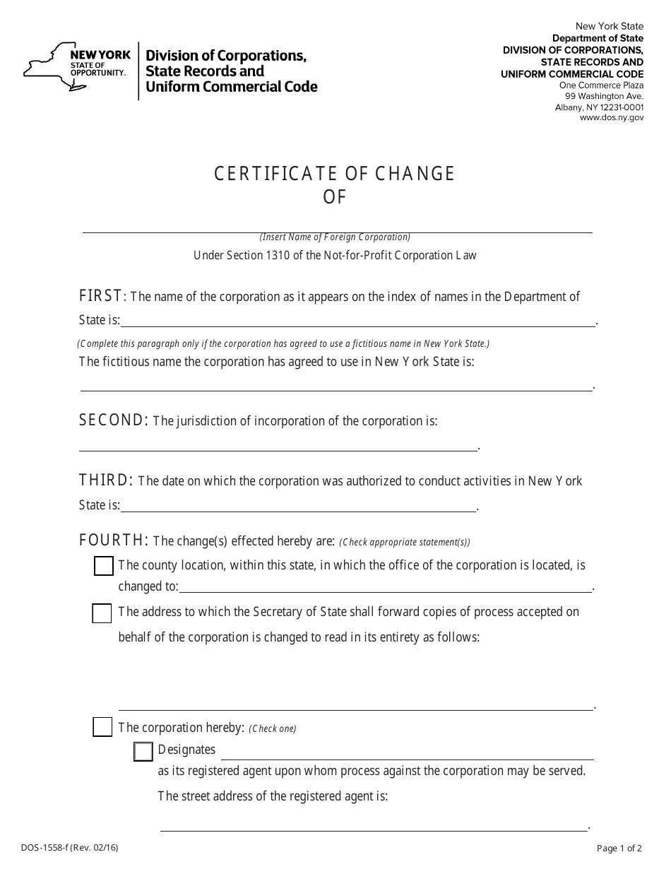 Form DOS-1558-F Certificate of Change - New York, Page 1