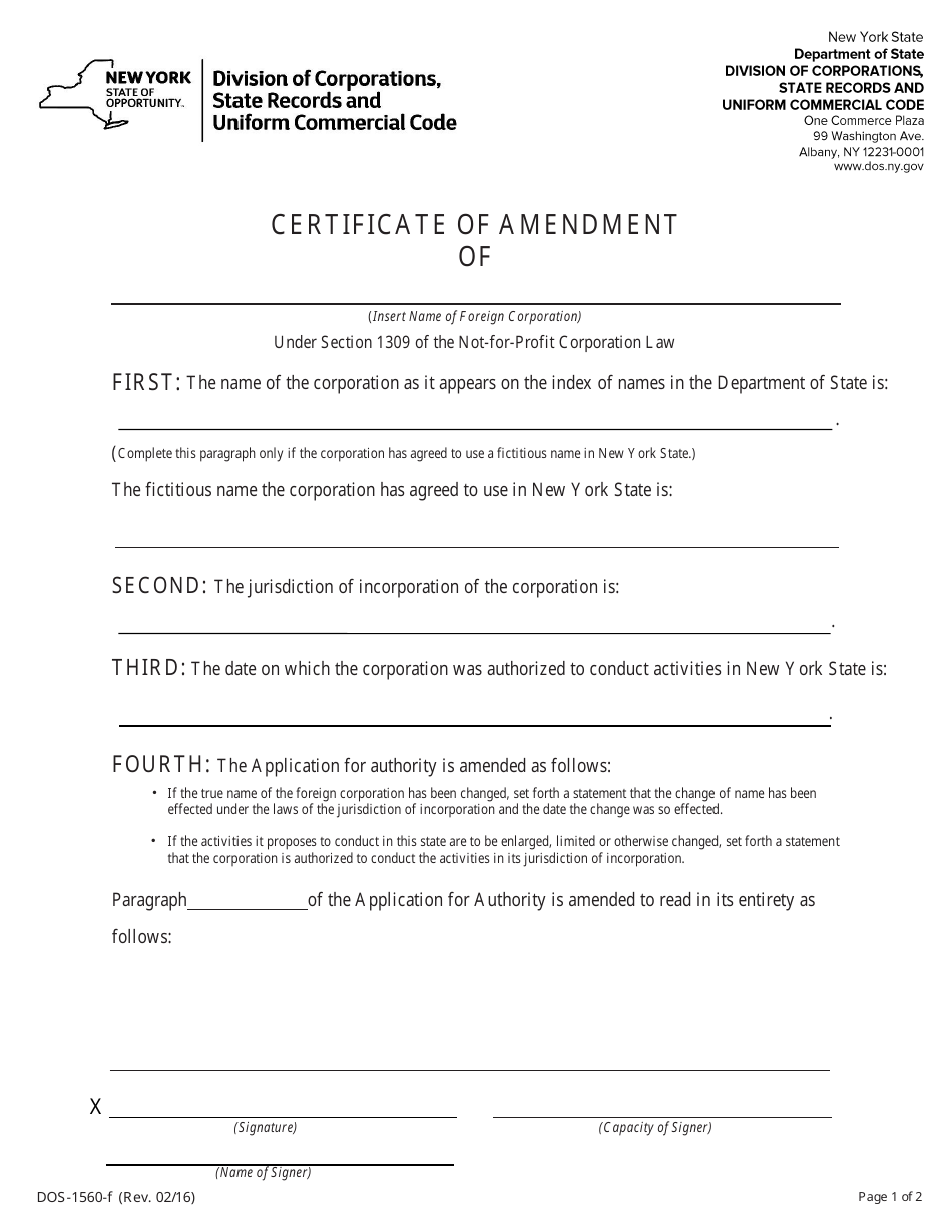 Form DOS-1560-F Certificate of Amendment - New York, Page 1