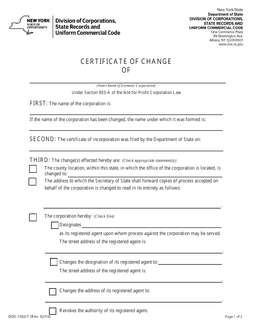 Form DOS-1562-F Certificate of Change - New York