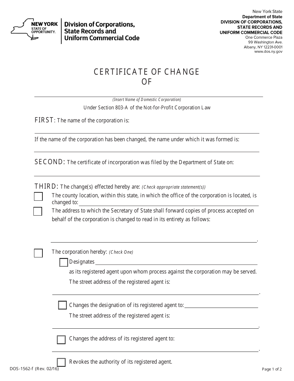 Form DOS-1562-F Certificate of Change - New York, Page 1