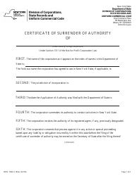Document preview: Form DOS-1564-F Certificate of Surrender of Authority - New York