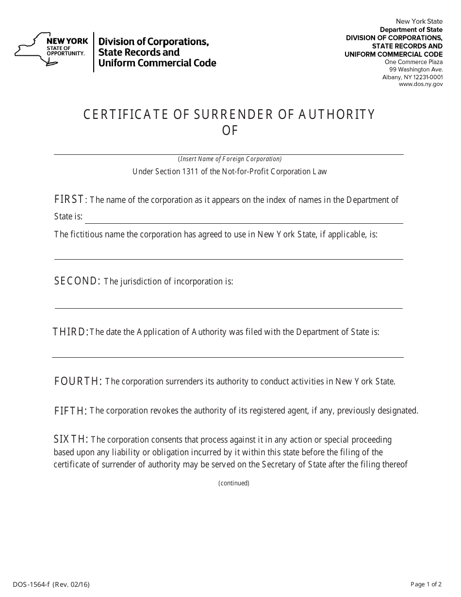 Form DOS-1564-F Certificate of Surrender of Authority - New York, Page 1