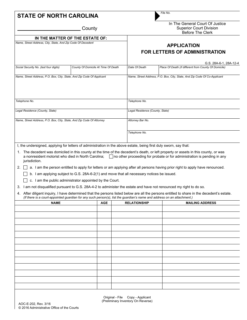 Form AOC-E-202 Application for Letters of Administration - North Carolina, Page 1