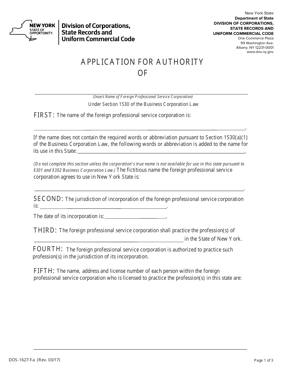 Form DOS-1627-F-A Application for Authority - New York, Page 1