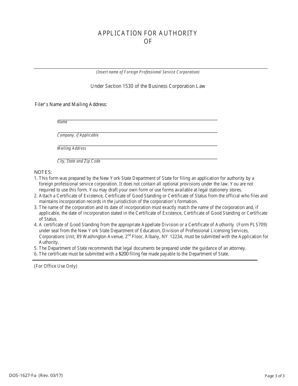 Form DOS-1627-F-A Application for Authority - New York, Page 3