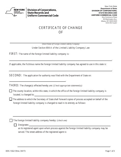 Form DOS-1362-F Certificate of Change - New York