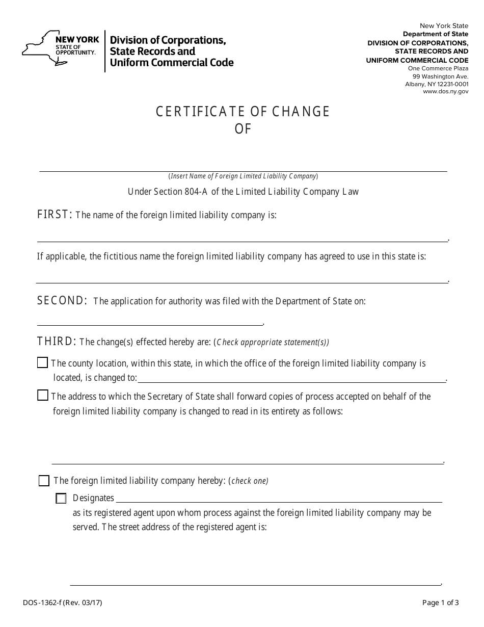 Form DOS-1362-F Certificate of Change - New York, Page 1