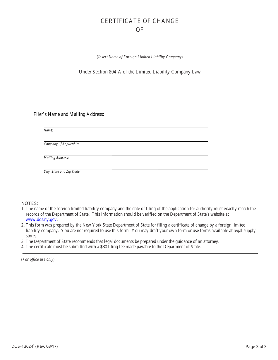 Form DOS-1362-F Certificate of Change - New York, Page 3