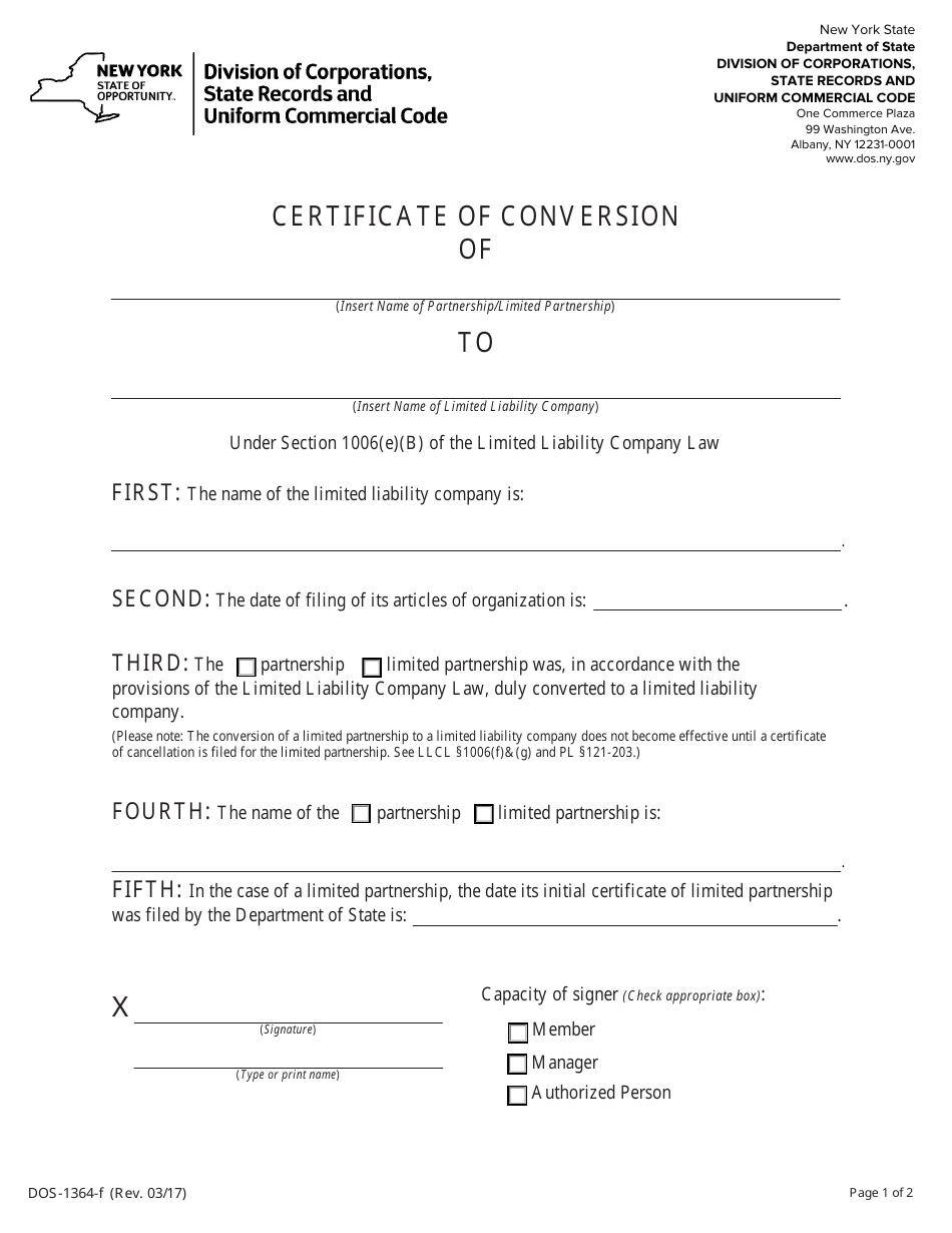 Form DOS-1364-F Certificate of Conversion - New York, Page 1
