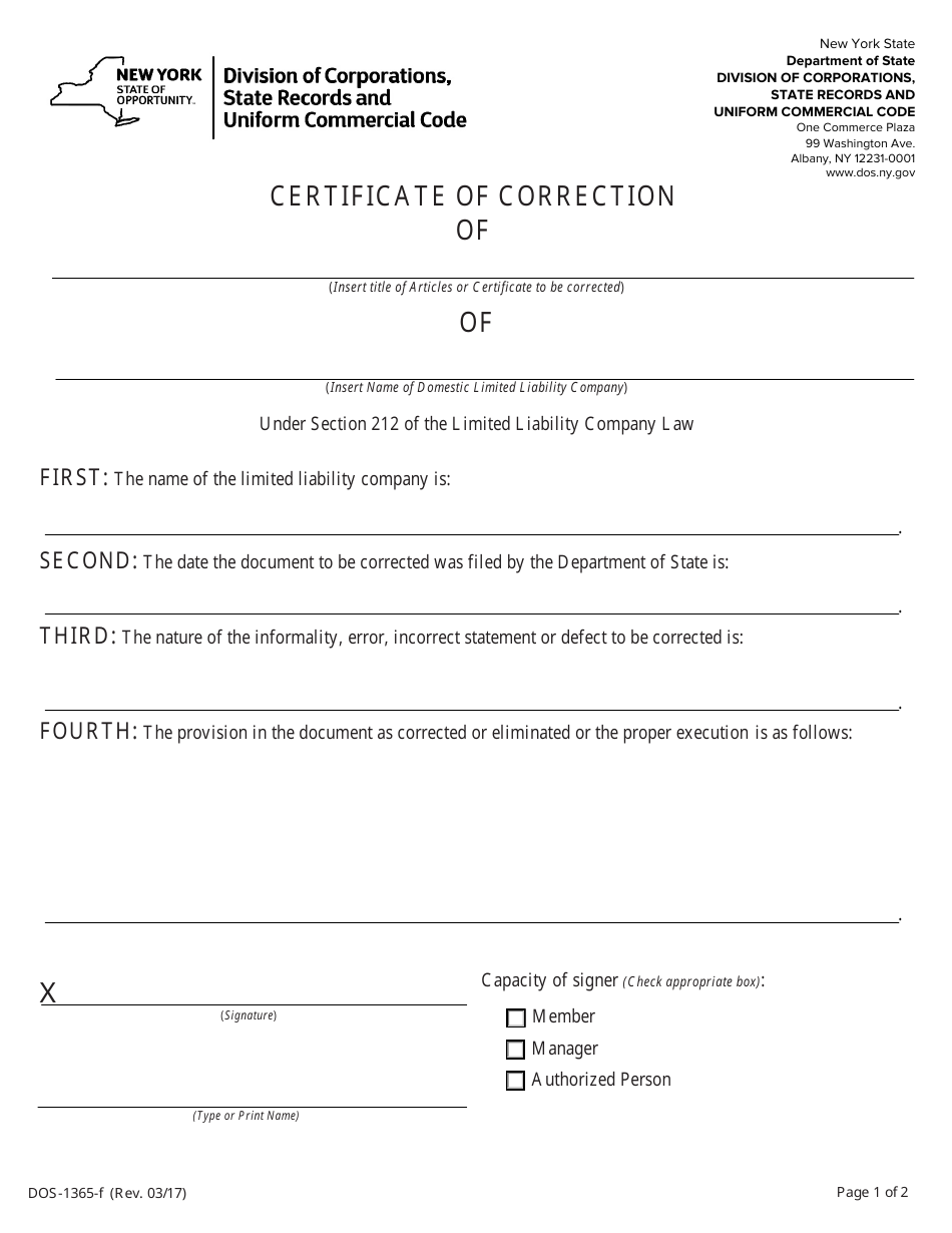 Form DOS-1365-F Certificate of Correction - New York, Page 1
