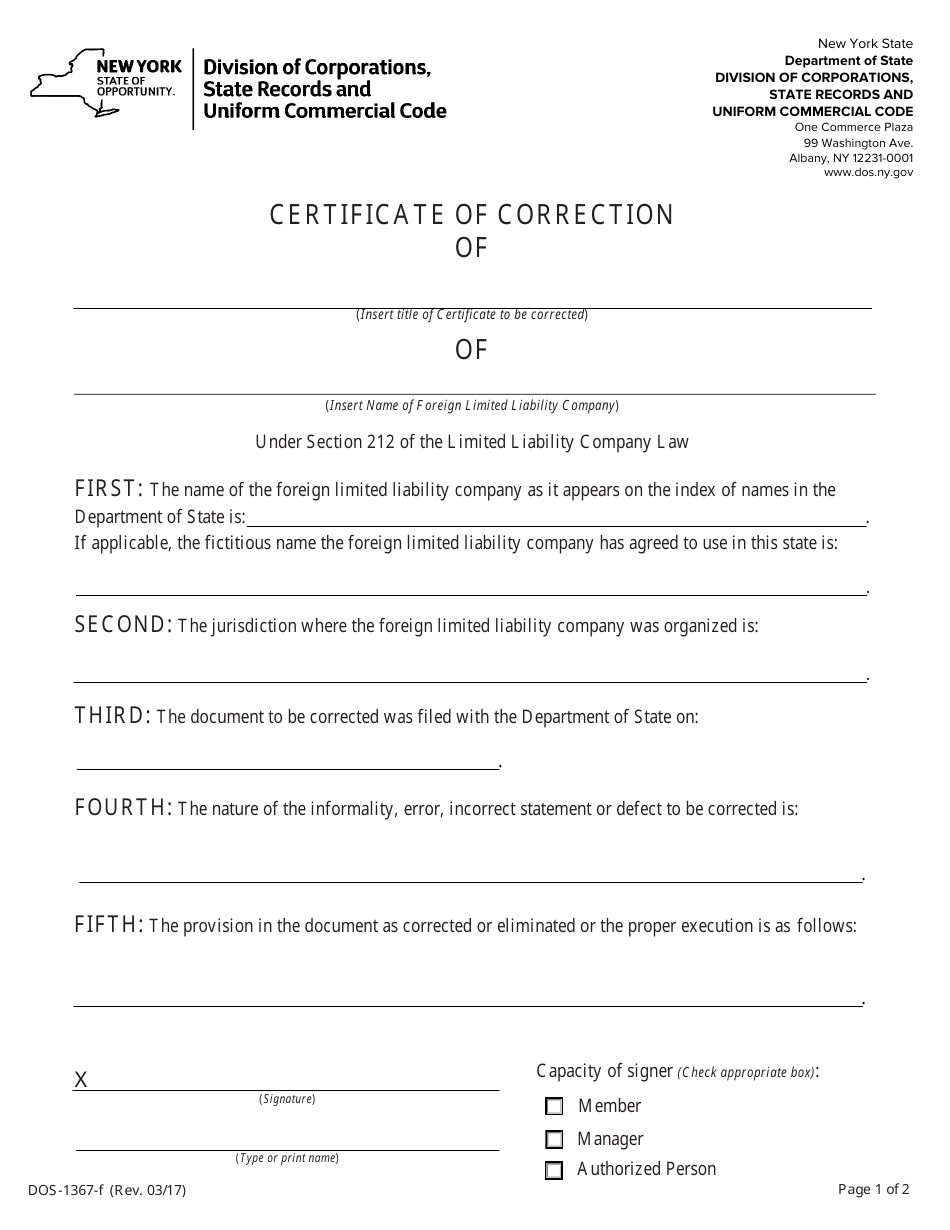 Form DOS-1367-F Certificate of Correction - New York, Page 1