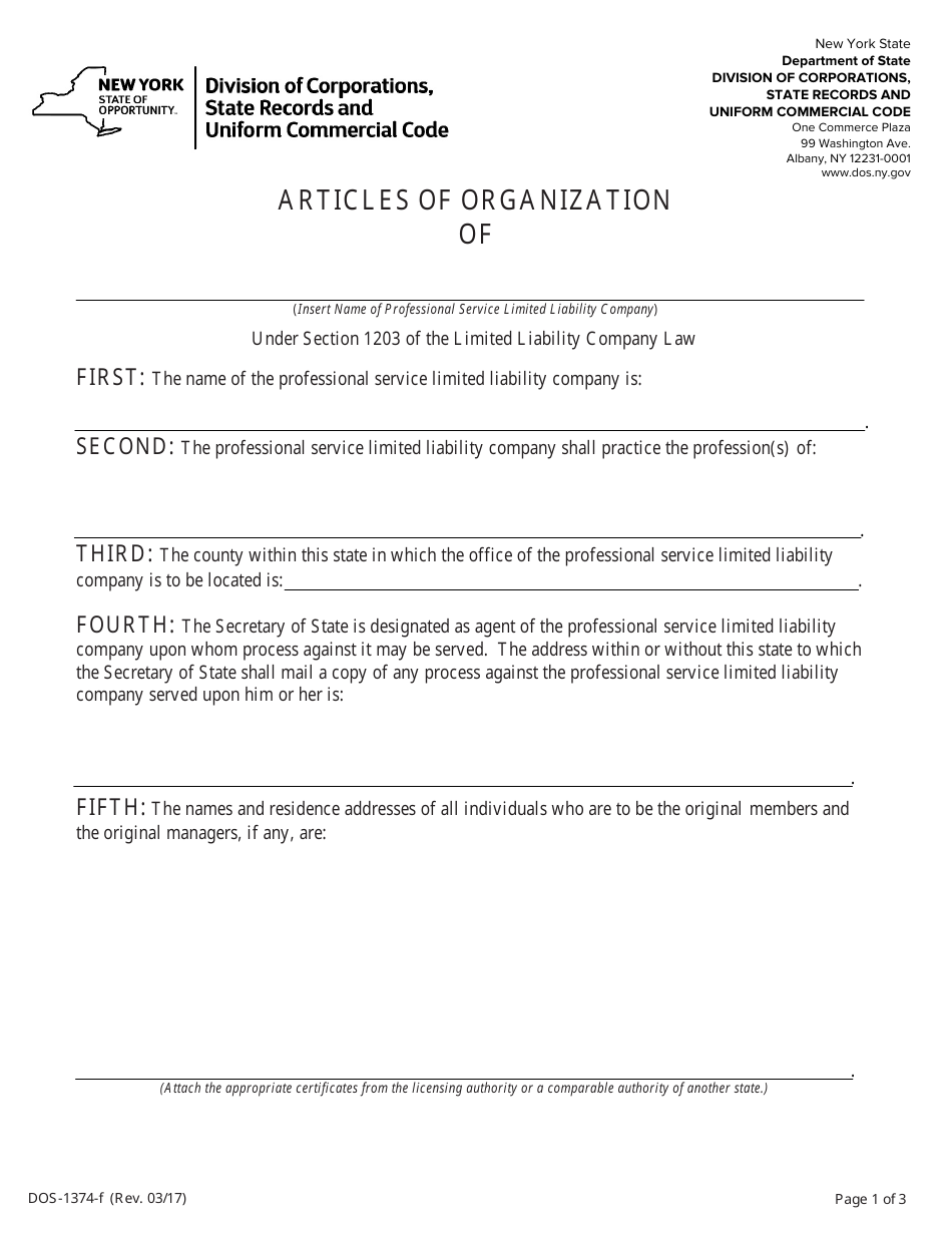 Form DOS-1374-F Articles of Organization - New York, Page 1