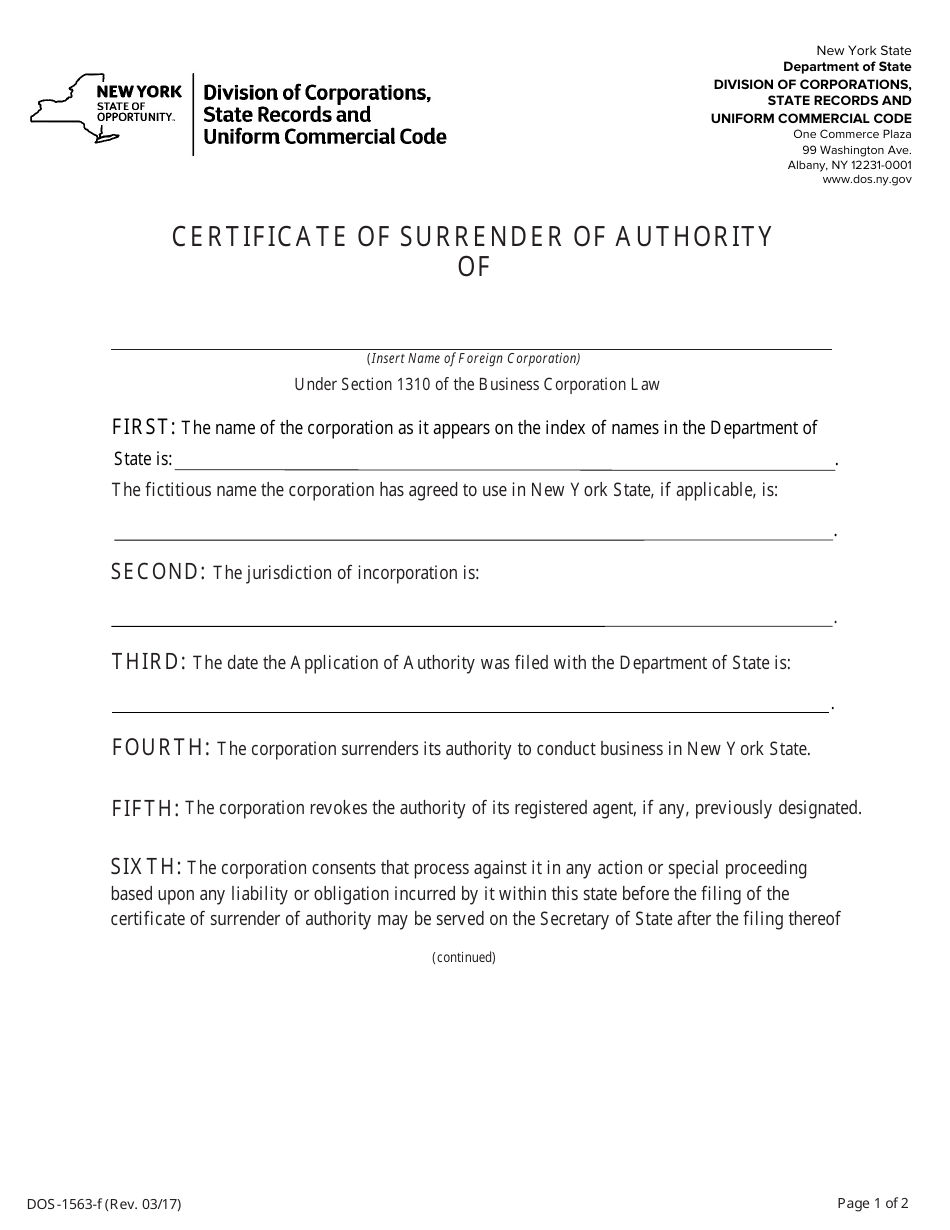 Form DOS-1563-F Certificate of Surrender of Authority - New York, Page 1