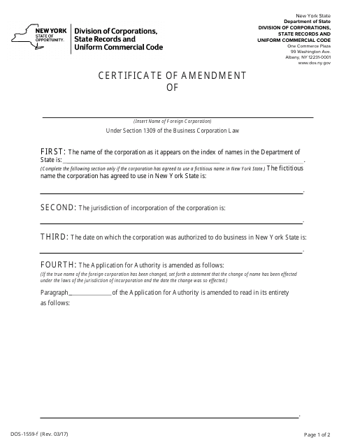 Form DOS-1559-F  Printable Pdf