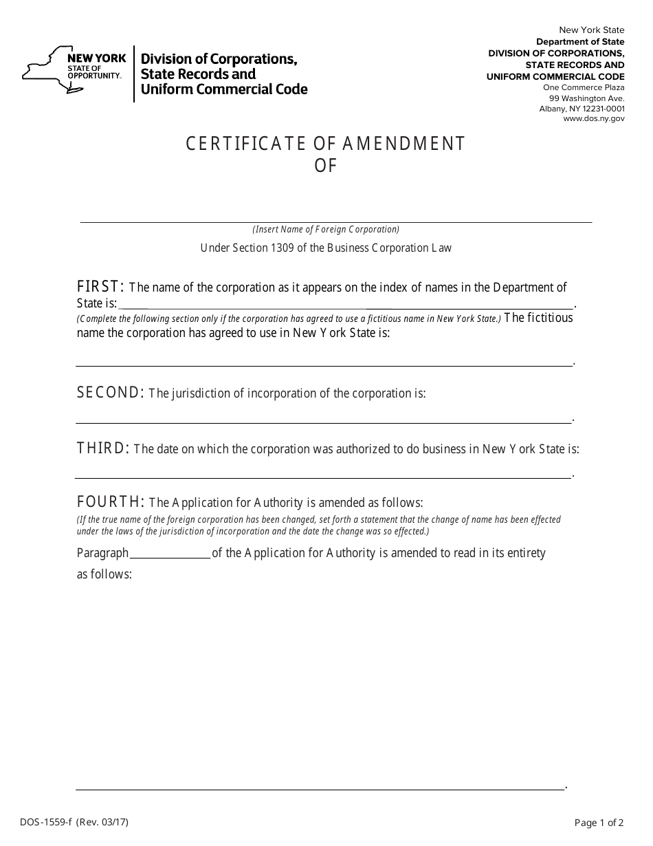 Form DOS-1559-F Certificate of Amendment - New York, Page 1