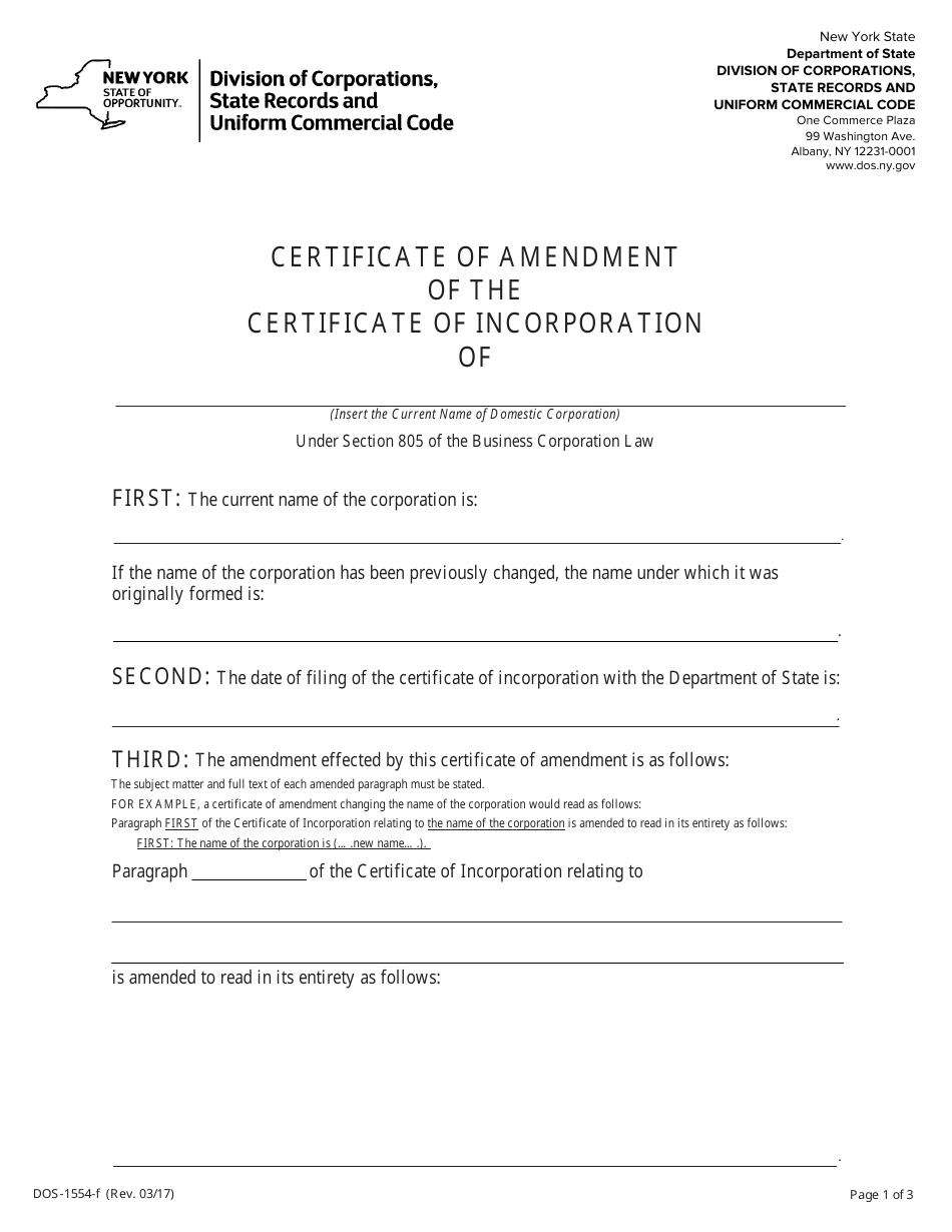 Form DOS-1554-F Certificate of Amendment of the Certificate of Incorporation - New York, Page 1