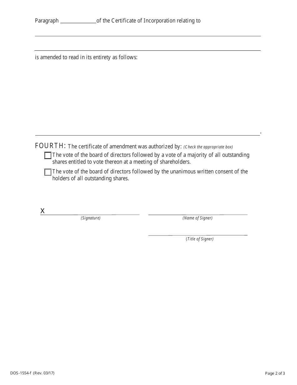 Form DOS-1554-F Certificate of Amendment of the Certificate of Incorporation - New York, Page 2