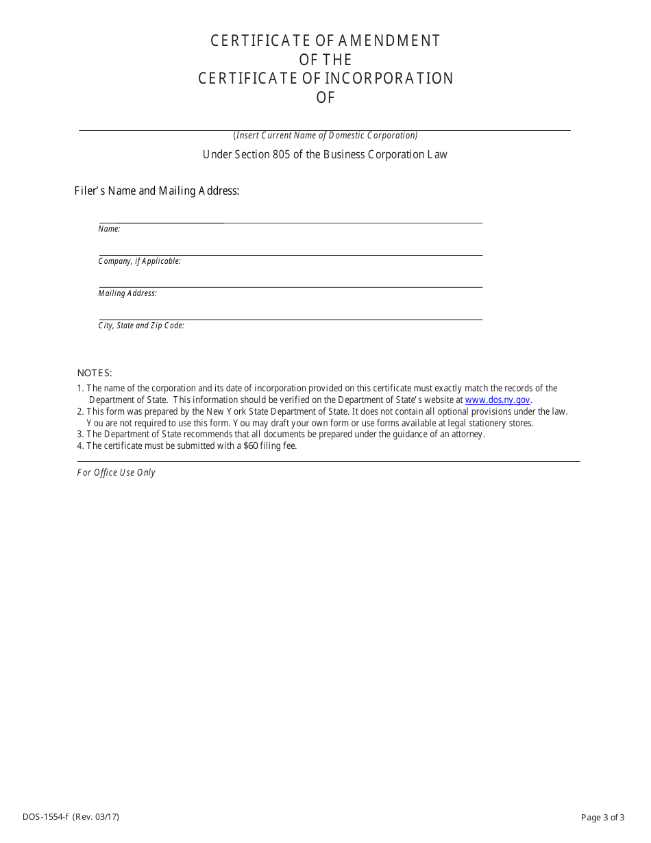 Form DOS-1554-F Certificate of Amendment of the Certificate of Incorporation - New York, Page 3