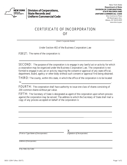 Form DOS-1239-F  Printable Pdf