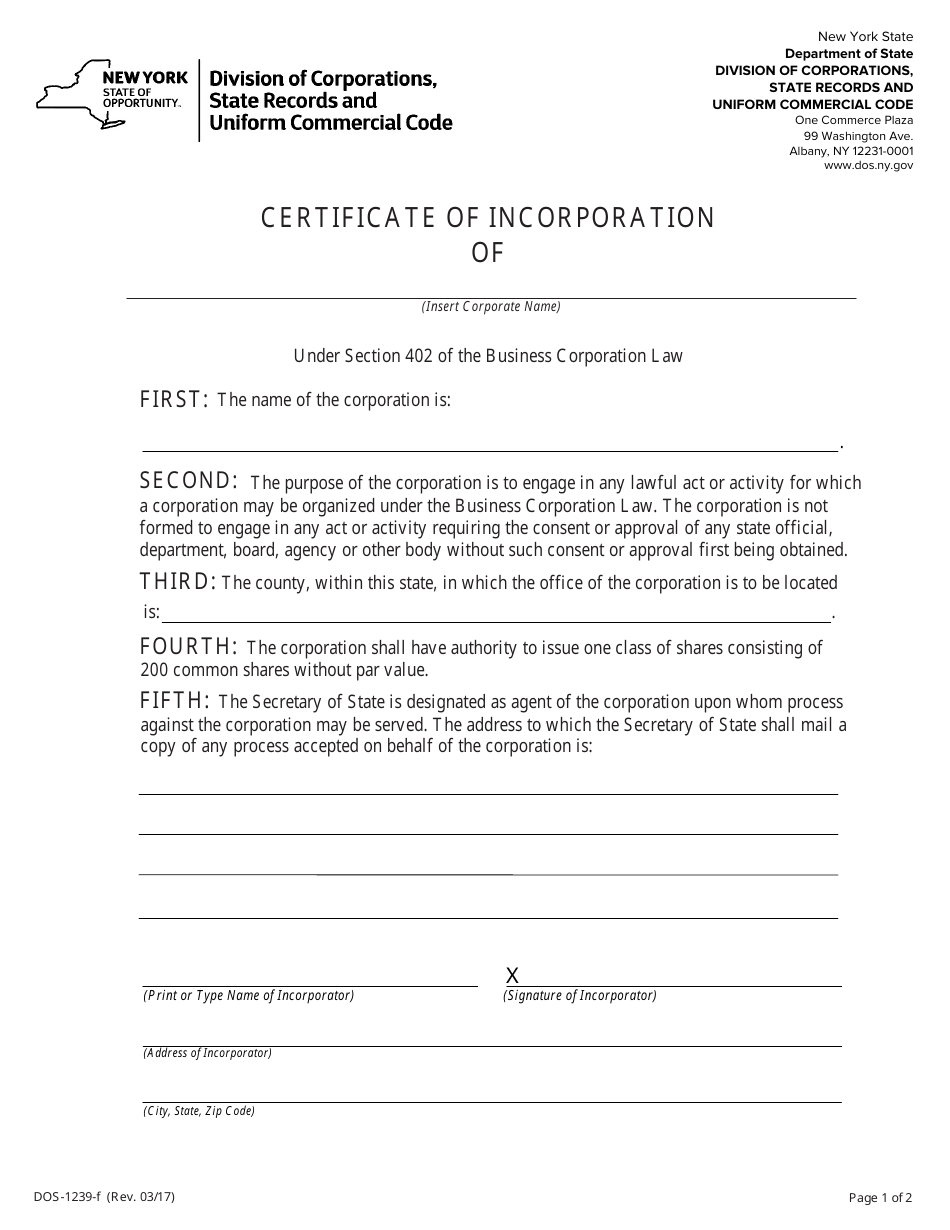 Form DOS-1239-F Certificate of Incorporation - New York, Page 1