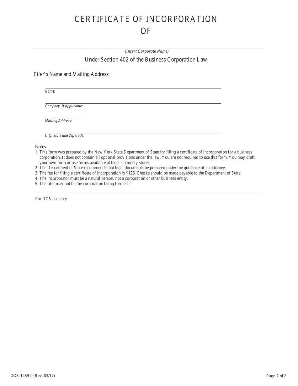 Form DOS-1239-F Certificate of Incorporation - New York, Page 2
