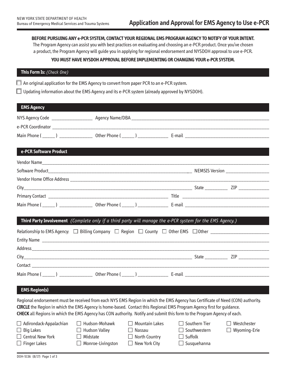Form DOH-5136 Application and Approval for EMS Agency to Use E-Pcr - New York, Page 1
