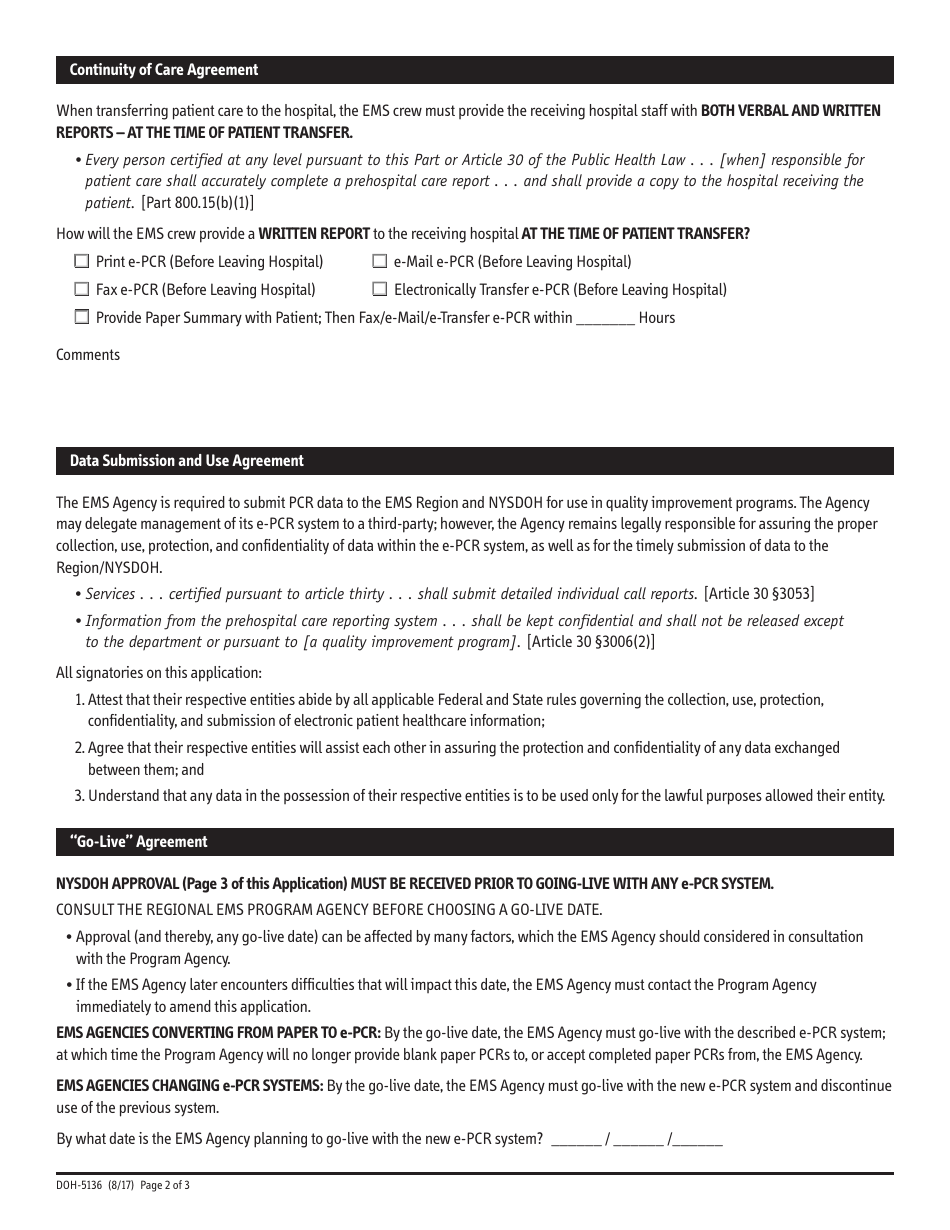 Form DOH-5136 Application and Approval for EMS Agency to Use E-Pcr - New York, Page 2