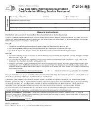 Document preview: Form IT-2104-MS New York State Withholding Exemption Certificate for Military Service Personnel - New York