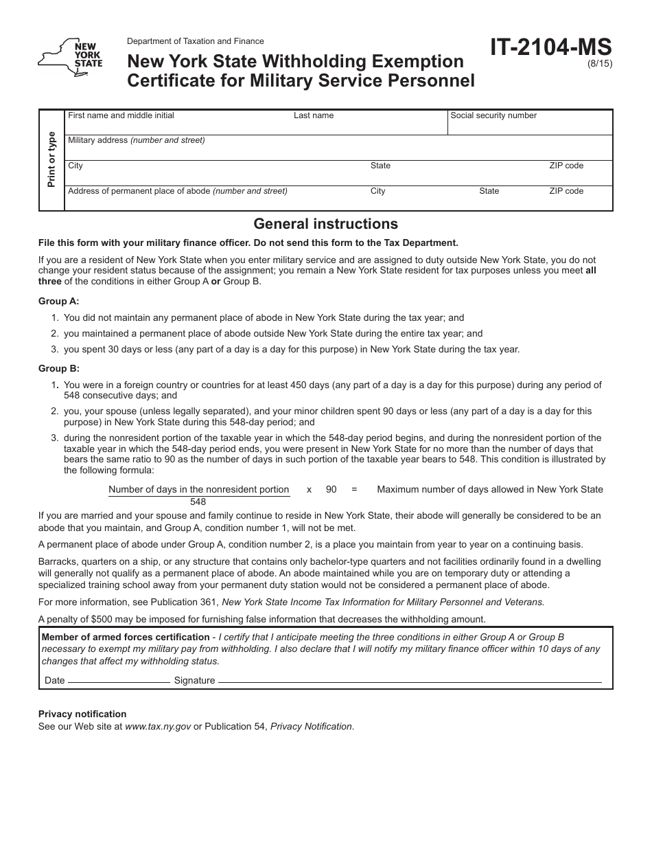 Form IT-2104-MS New York State Withholding Exemption Certificate for Military Service Personnel - New York, Page 1