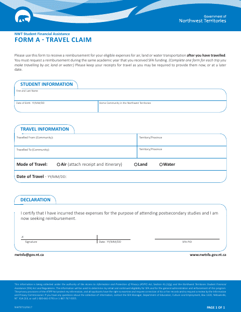 Form A Travel Claim - Northwest Territories, Canada