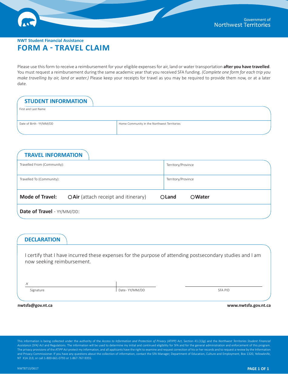 Form A Travel Claim - Northwest Territories, Canada, Page 1