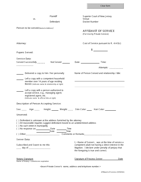 Affidavit of Service - New Jersey