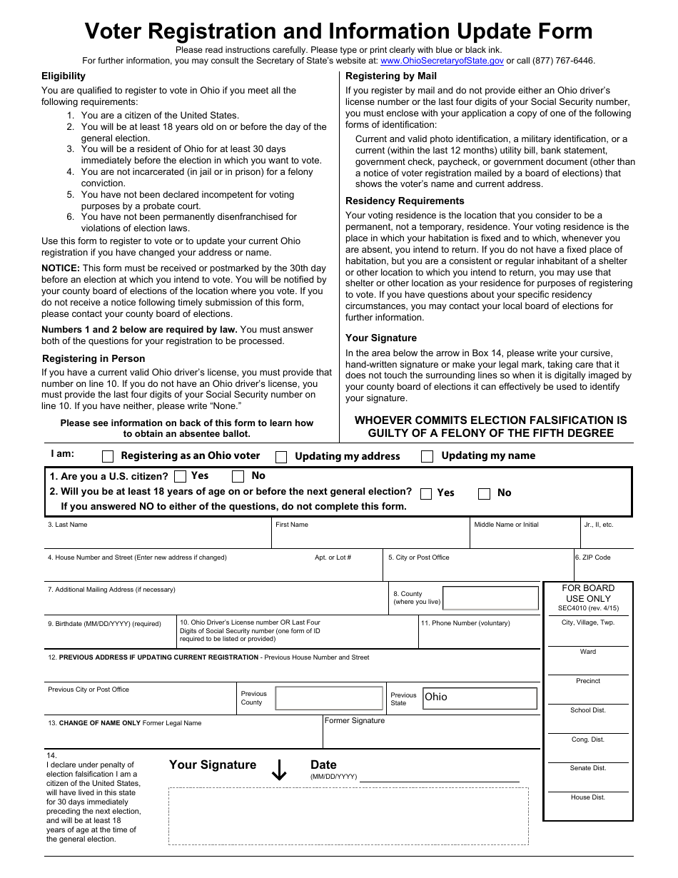 Voter Registration and Information Update Form - Ohio, Page 1
