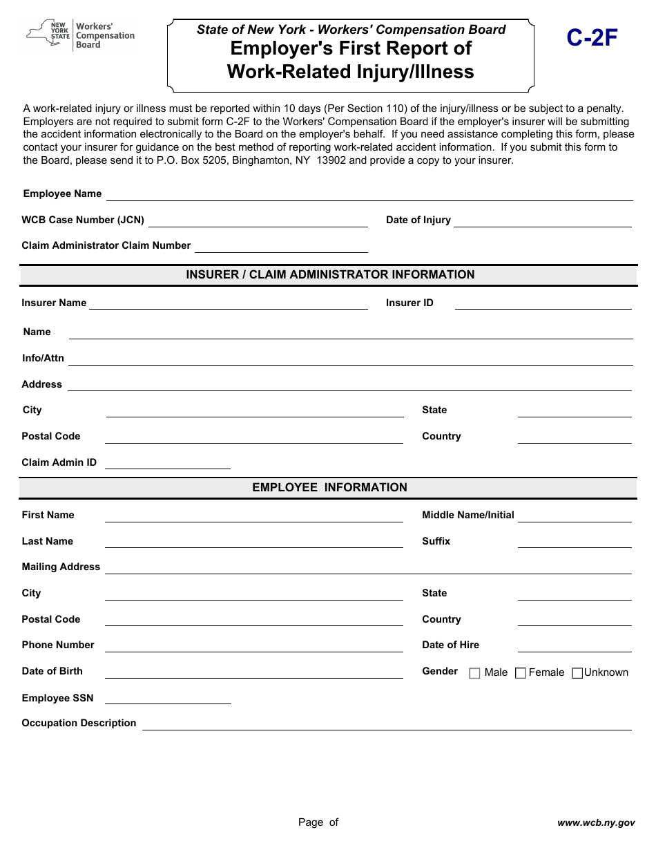 Form C-2F Employers First Report of Work-Related Injury / Illness - New York, Page 1