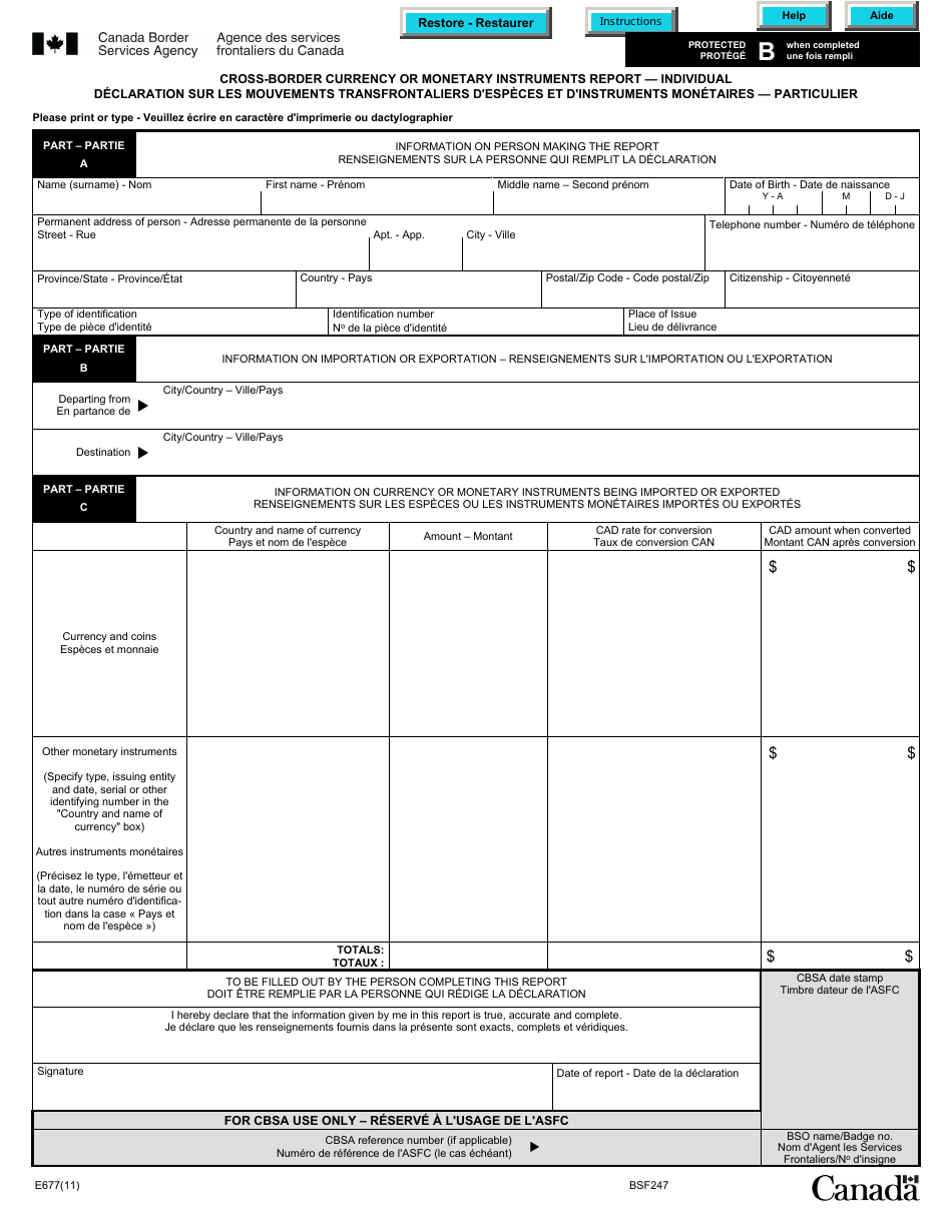 Form E677 Cross-border Currency or Monetary Instruments Report  Individual - Canada (English / French), Page 1