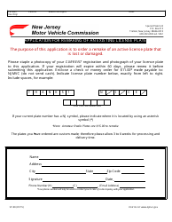 Document preview: Form SP-89 Application for Remaking of an Existing License Plate - New Jersey