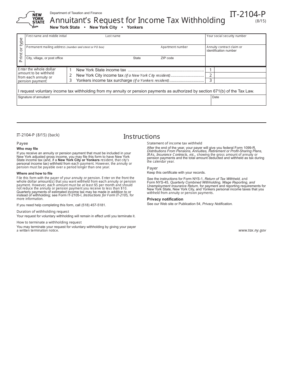 Form IT2104P Fill Out, Sign Online and Download Fillable PDF, New